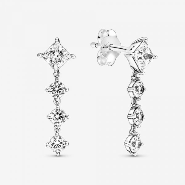 Sparkling Round And Square Drop Earrings Silver 925 With Cubic Zirconia