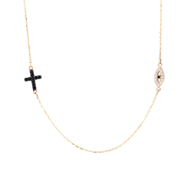 Necklace Yellow Gold 14K Double Sided With Cubic Zirconia, Cross And Eye