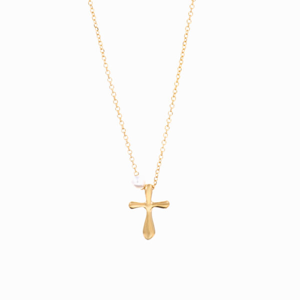 Necklace Yellow Gold 14K With Freshwater Pearl, Cross