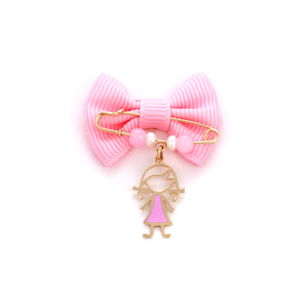Broche Yellow Gold K9 With Bow , Pearl And Enamel , Girl