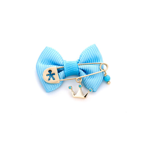 Broche Yellow Gold K9 With Bow , Turquoise And Enamel , Crown Boy