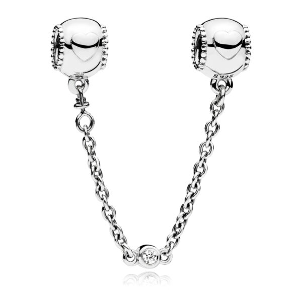 Safety Chain Silver 925 With Cubic Zirconia, Embossed Heart