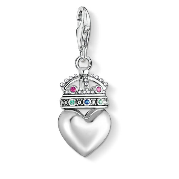 Charm Pendant Silver 925 With Combination Of Synthetic Stones, Heart With Crown