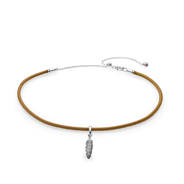 Choker Silver 925 With Brown Leather And Cubic Zirconia , Feather