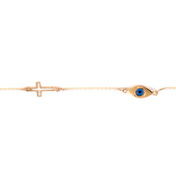 Bracelet Yellow Gold 14K Double Sided With Glass And Turquoise, Cross And Eye