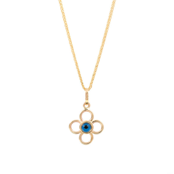 Pendant Yellow Gold 14K Double Sided With Glass And Turquoise, Eye And Flower