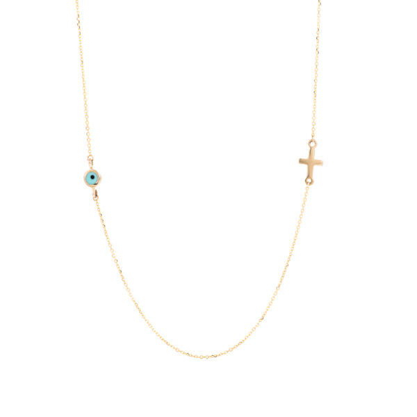 Necklace Yellow Gold 14K Two Faced With Enamel, Eye And Cross