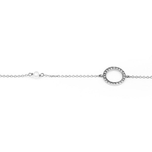 Bracelet White Gold 14K With Cubic Zirconia And Freshwater Pearl, Open Circle
