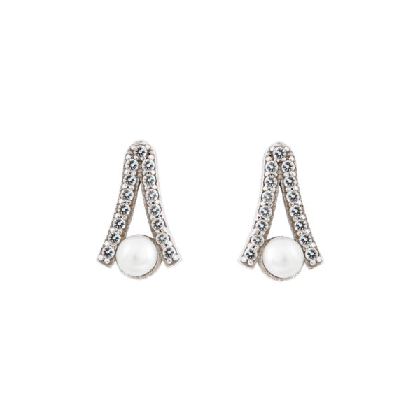 Earrings White Gold 14K With Cubic Zirconia And Cultivated Freshwater Pearls