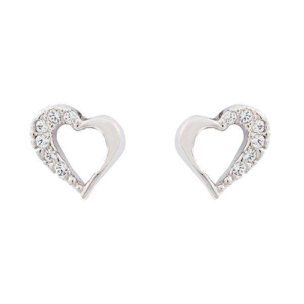 Stud Earrings White Gold 14K With Cubic Zirconia, Freehand Hearts