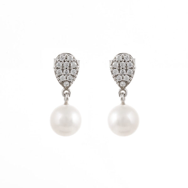 Earrings White Gold 14K With Cubic Zirconia And Cultivated Freshwater Pearls