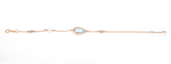 Bracelet Rose Gold 14K With Synthetic Aquamarine And Freshwater Pearl