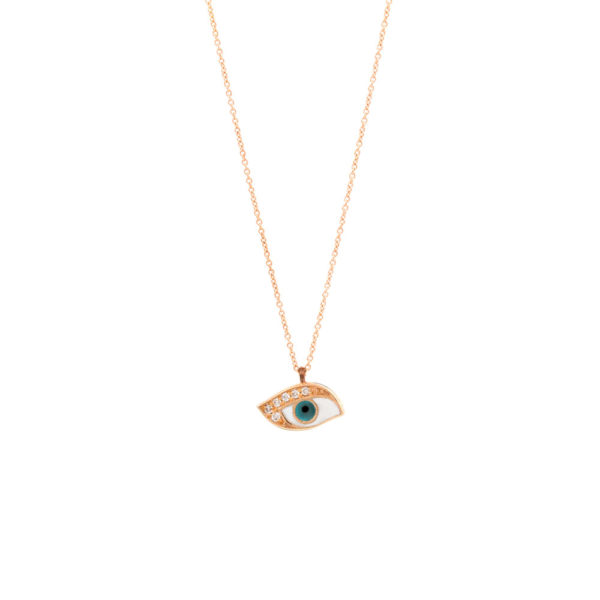 Necklace Rose Gold 18K Two Faced With Diamonds, Irradiated Blue Diamonds And Enamel, Eye