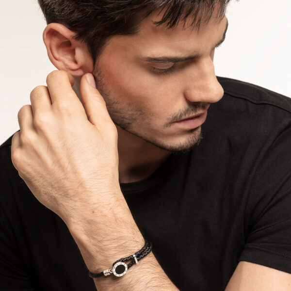 Leather Bracelet With Silver 925 And Onyx, Strap Disc