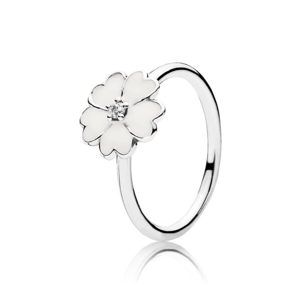 Ring Silver 925 With Cubic Zirconia And Enamel , White Primrose