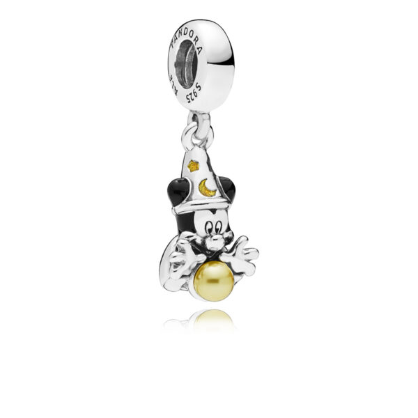 Charm Dangle Silver 925 With Yelow Gold Pearl And Enamel, Disney Sorcerer Mickey