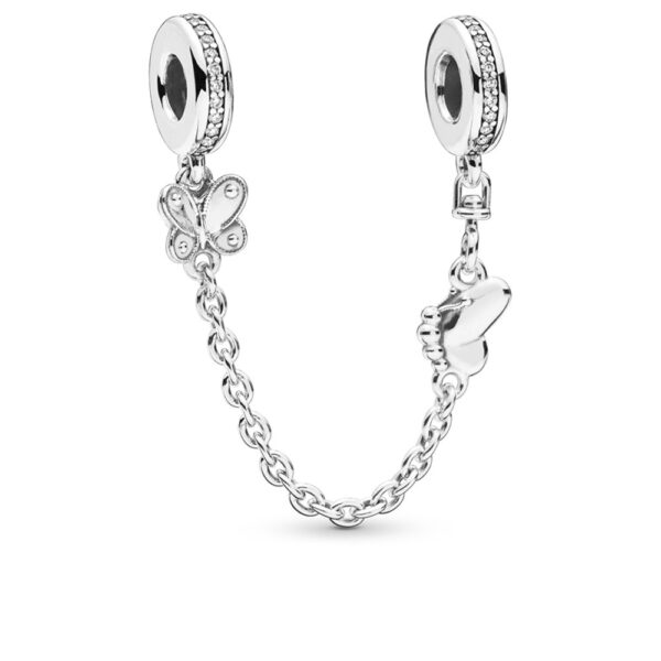 Safety Chain Silver 925 With Cubic Zirconia, Decorative Butterflies